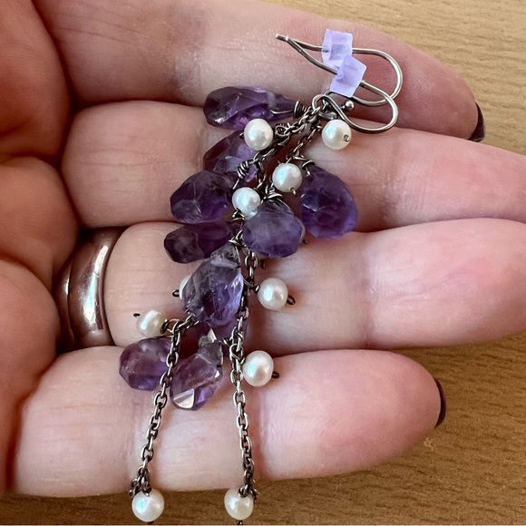 VINTAGE 925 SS FACETED MULTI AMETHYST PEARL CLUSTER BUNCH DANGLE DROP EARRINGS - Picture 15 of 16